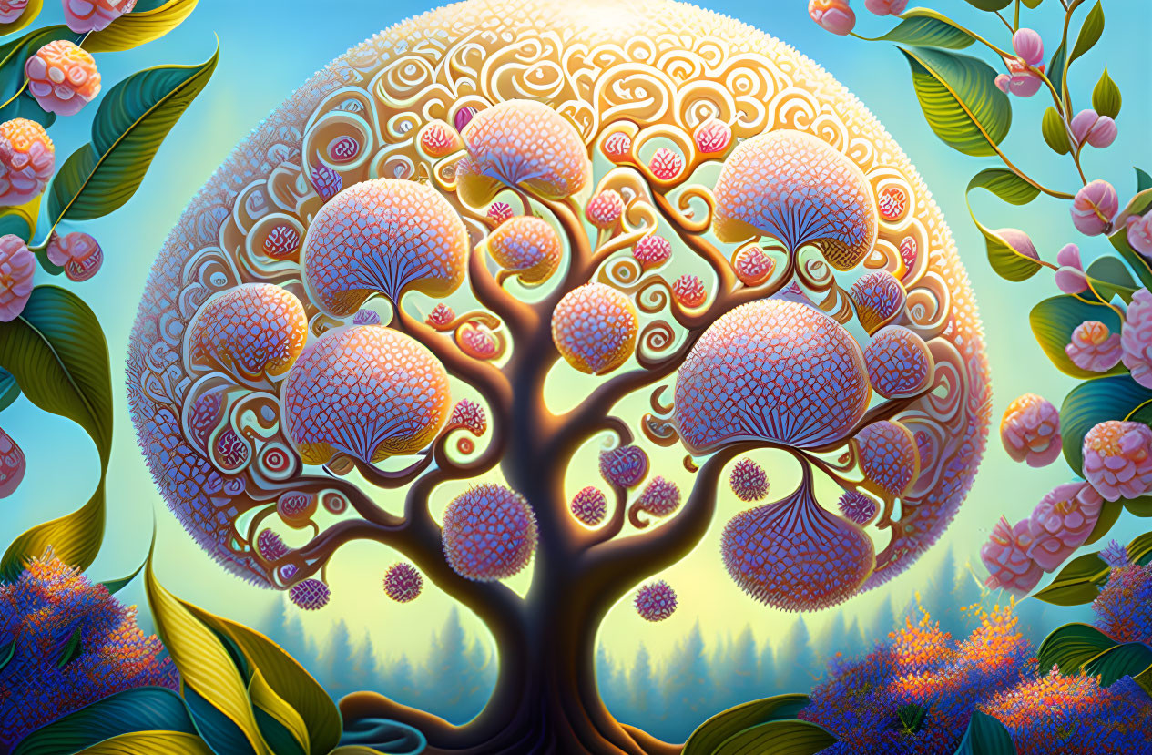 Vibrant whimsical tree with circular-patterned foliage in magical forest