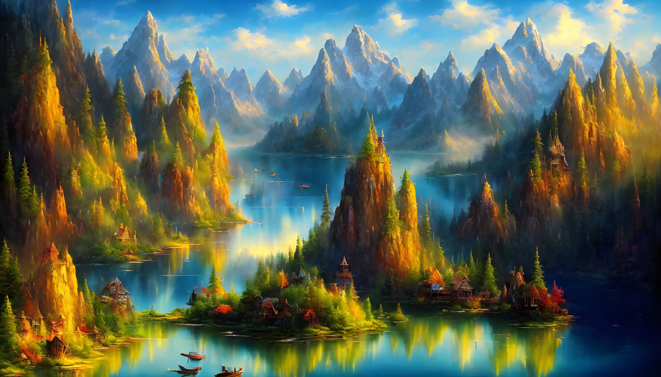 Colorful mountain landscape with autumn trees, lakes, boats, and distant castle
