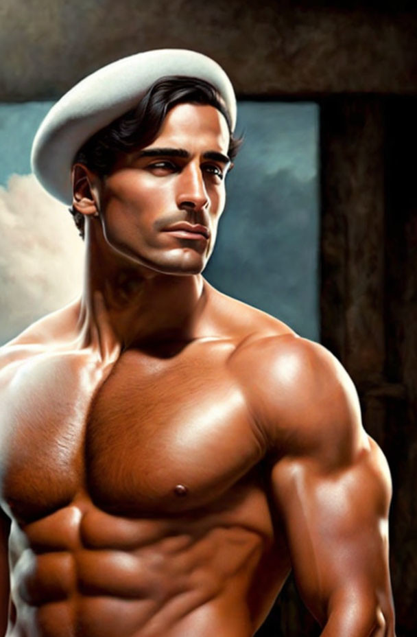 Muscular man in white beret with thoughtful expression on dark background