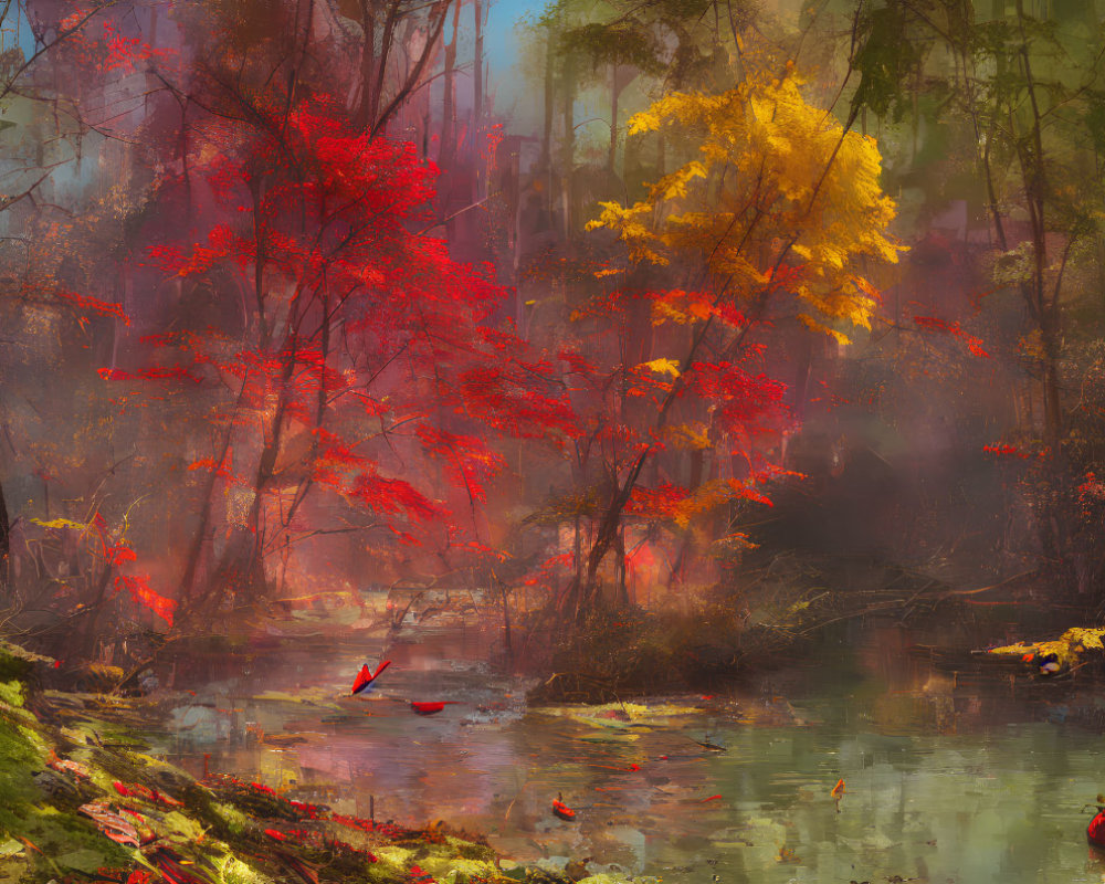 Tranquil Autumn Forest with Red and Yellow Foliage