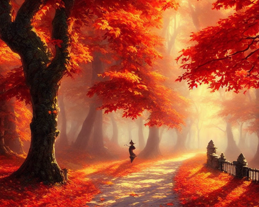 Person walking through vibrant autumn forest with sunlight filtering through trees