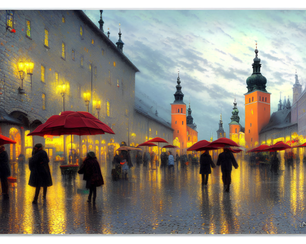 Historic market square at twilight with people under red umbrellas
