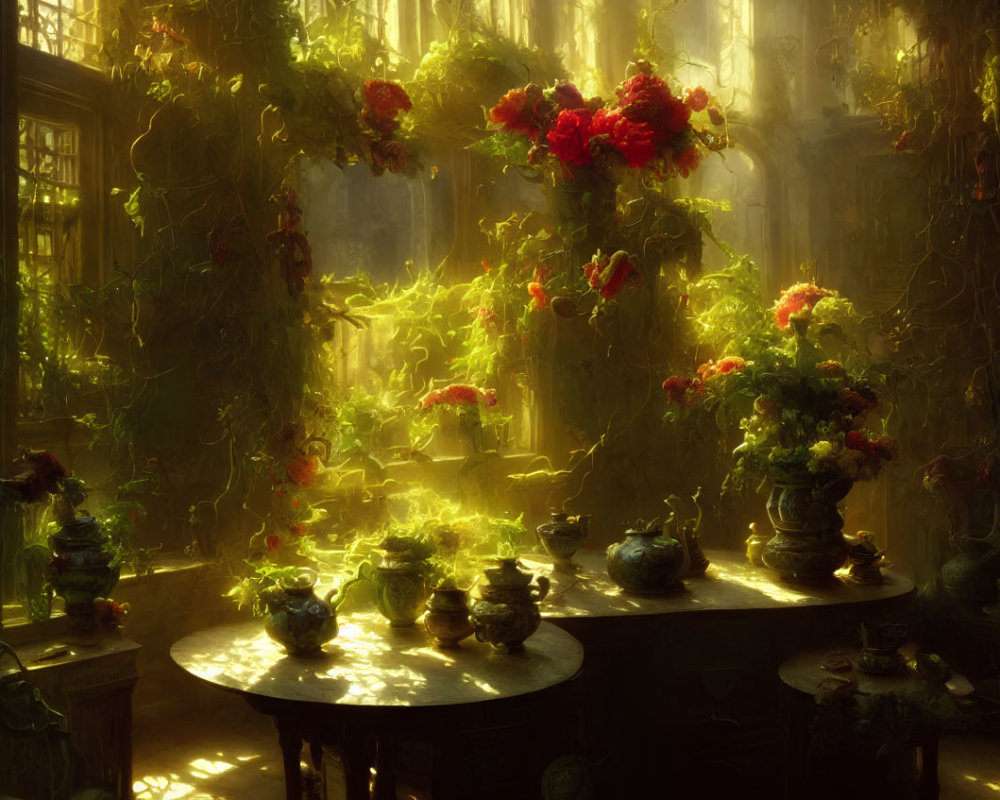 Sunlit room with greenery, red flowers, ornate windows, vases, and foliage