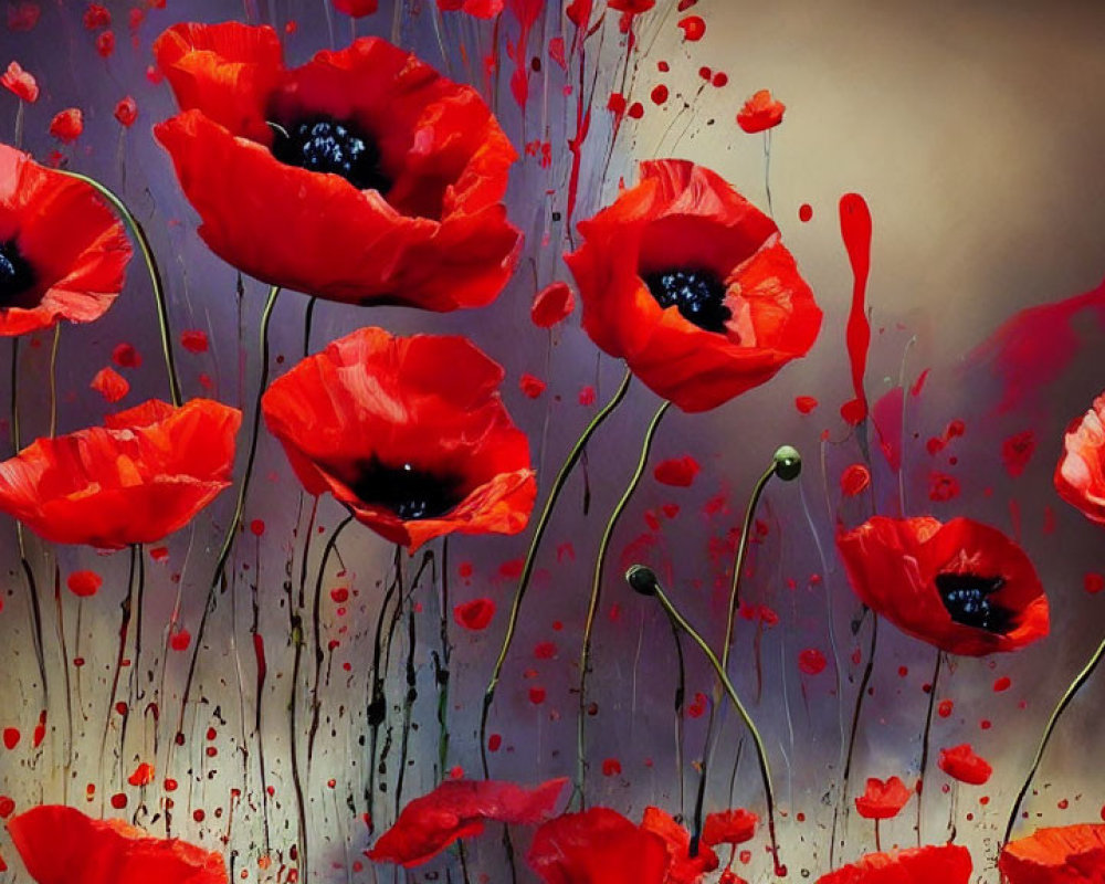 Vibrant red poppies on purple, gold, and gray background with paint splatters
