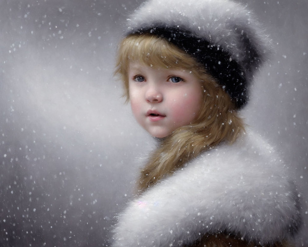 Blond girl in white furry hat and coat in snowfall