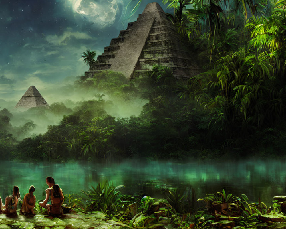 Nighttime jungle scene with river, ancient pyramids, and double moons