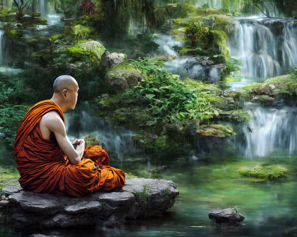 Monk meditating on rock by serene waterfall in lush greenery