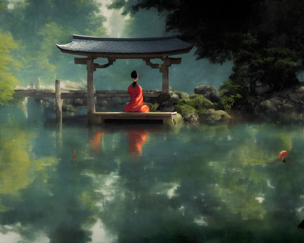 Person in Red Outfit Sitting by Serene Pond in Traditional Pavilion