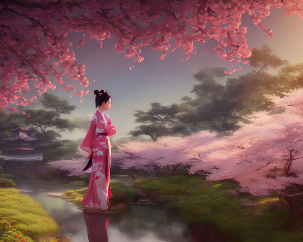 Traditional pink kimono woman under cherry blossoms by stream and pagoda at sunset