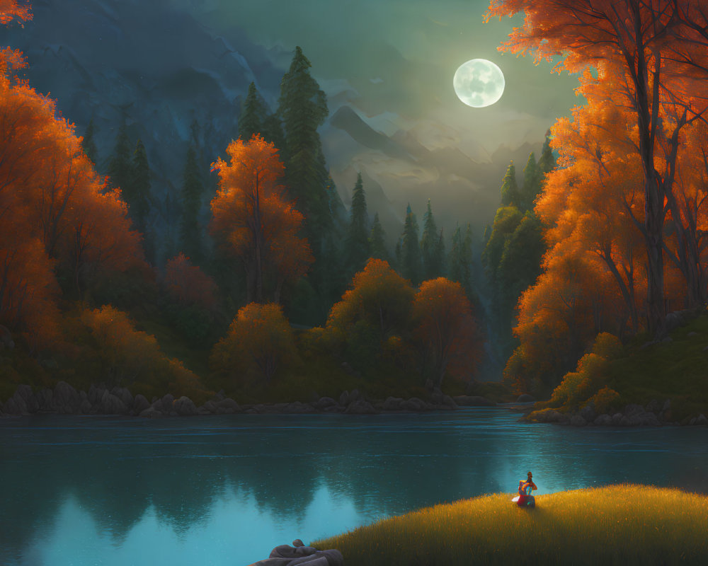 Full Moon Over Autumnal Forest by Tranquil River at Night