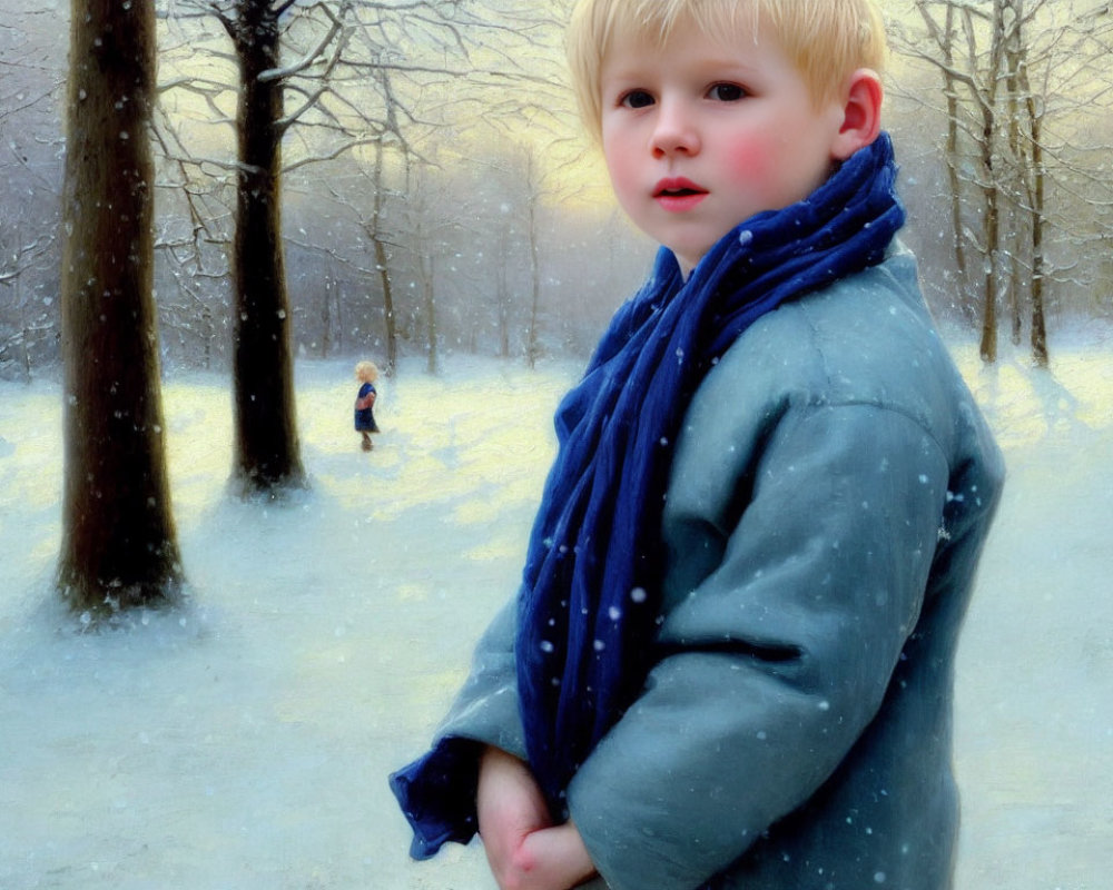Child in winter coat and blue scarf gazes in snowy forest with another person.