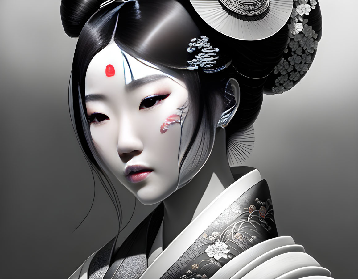 Digital art: Female figure in East Asian makeup & attire with pale face, red accents, and intricate