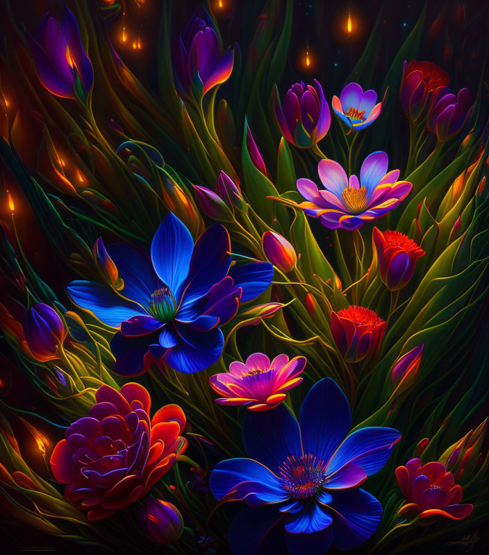 Colorful Digital Painting of Luminescent Flowers in Purple, Blue, and Red