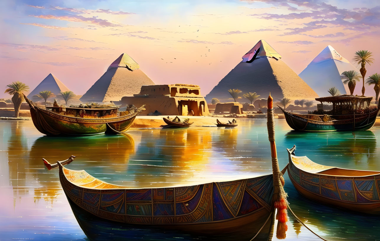 Wooden boats on river with Pyramids of Giza under clear sky