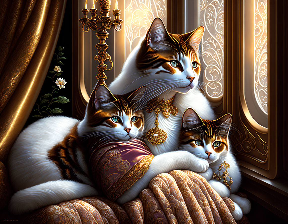 Regal cats with intricate markings and jewelry lounging by a window