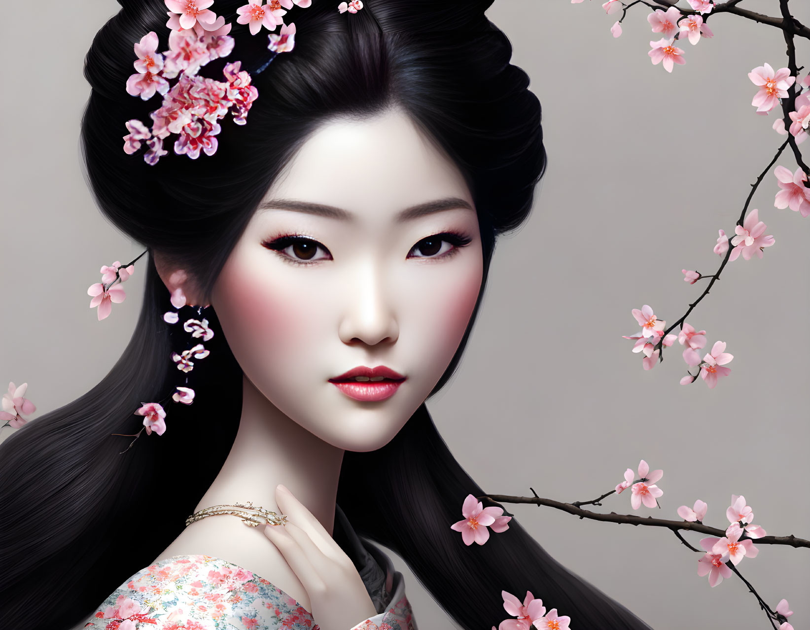 Traditional East Asian woman in floral attire with cherry blossoms on grey background