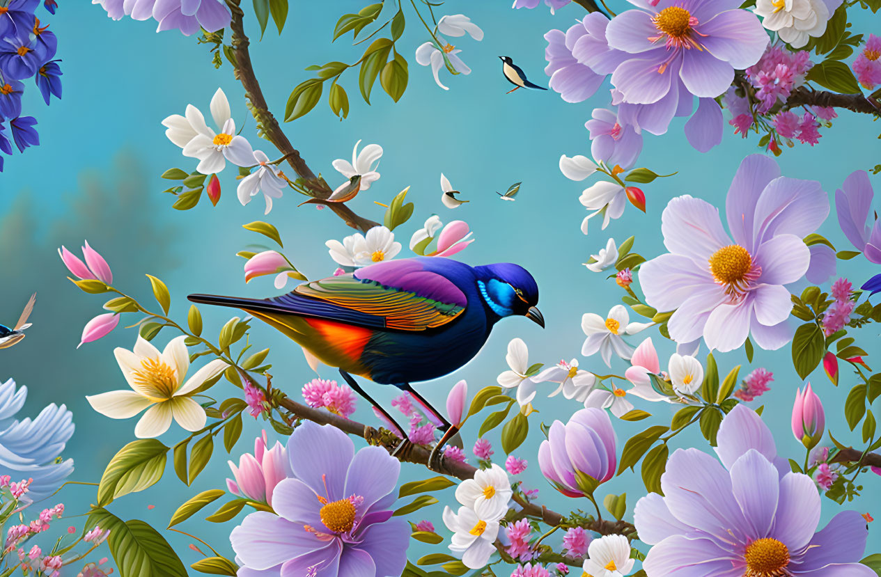 Colorful Bird Perched on Branch Among Pink and White Flowers