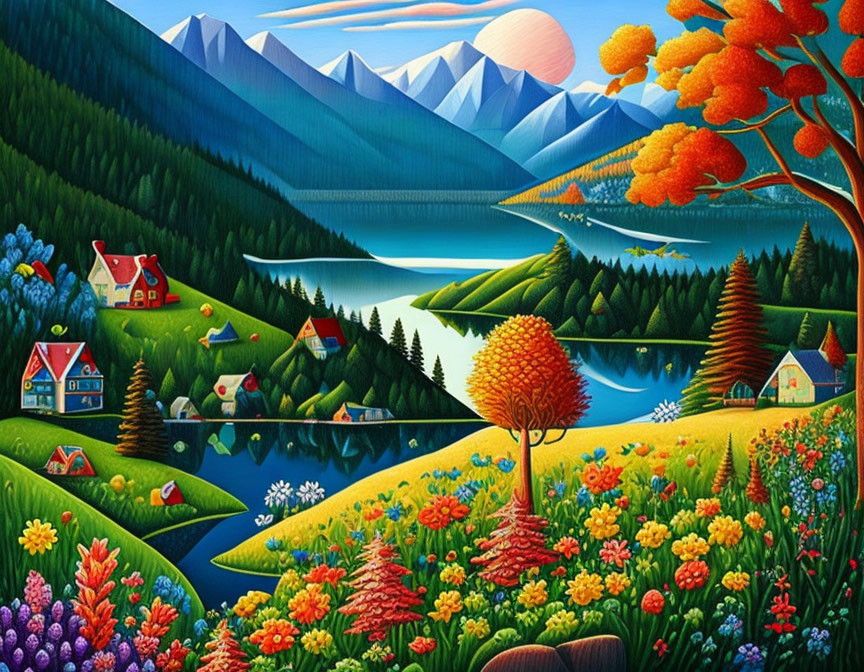 Colorful Valley Landscape Painting with Houses, River, Mountains, and Flora