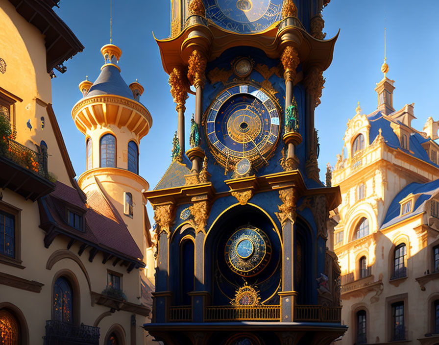 Historic European architecture with ornate astronomical clock tower.