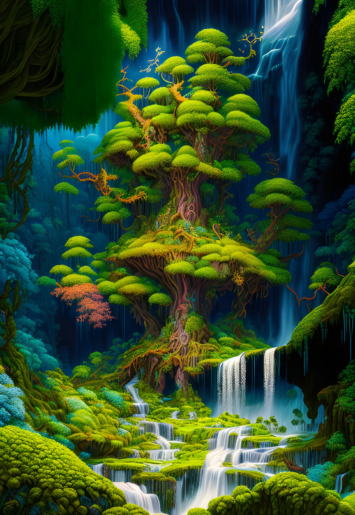 Majestic tree with lush green canopy in enchanted forest