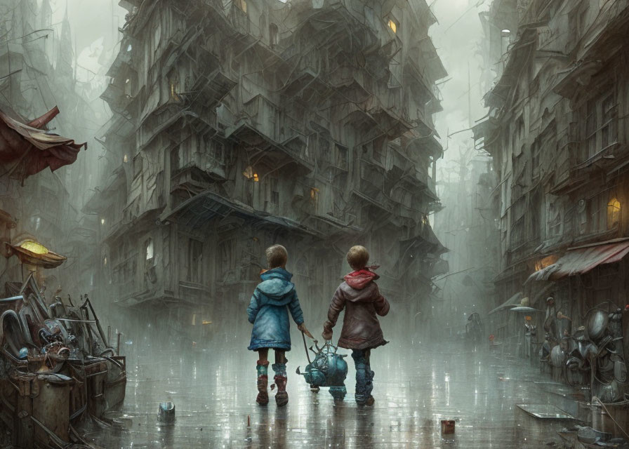 Children walk in rainy dystopian alley with small robot