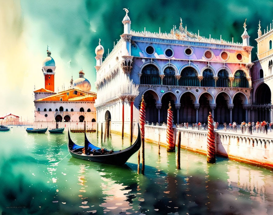 Vibrant watercolor painting of Venetian canal with gondola