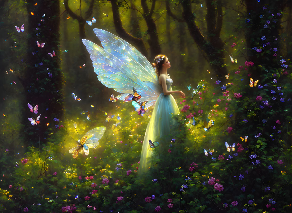 Ethereal fairy with translucent wings in luminous forest.