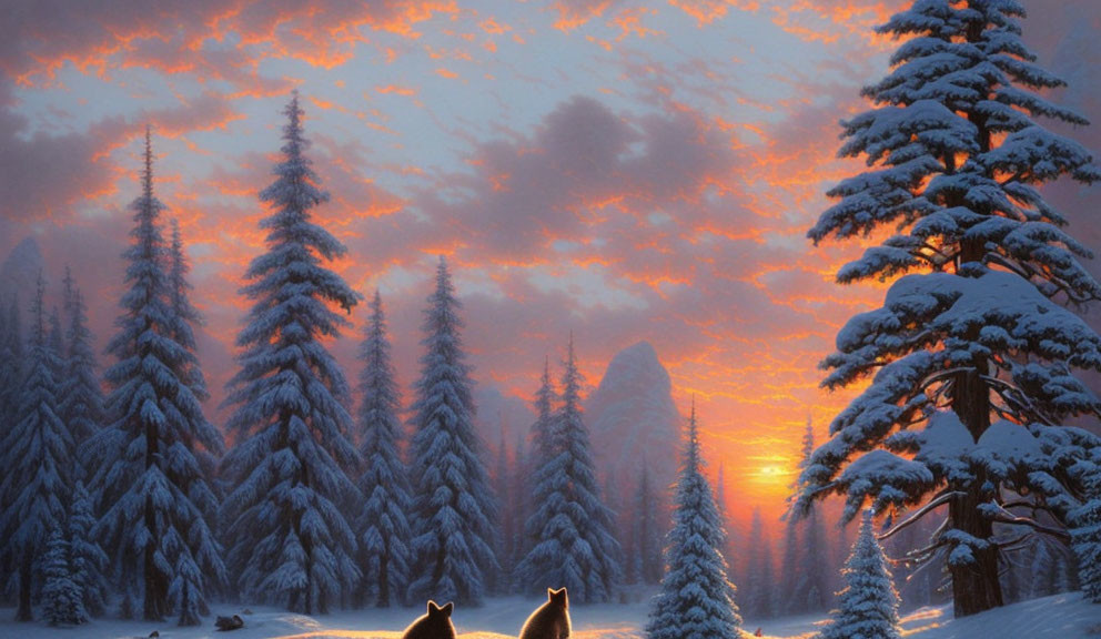 Sunset Snow-covered Pine Trees with Wolves in Orange Sky