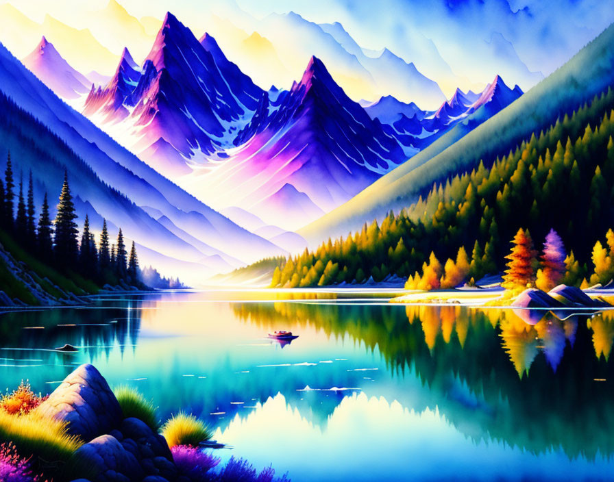 Colorful landscape painting: purple mountains, blue lake, boat, trees & clear sky