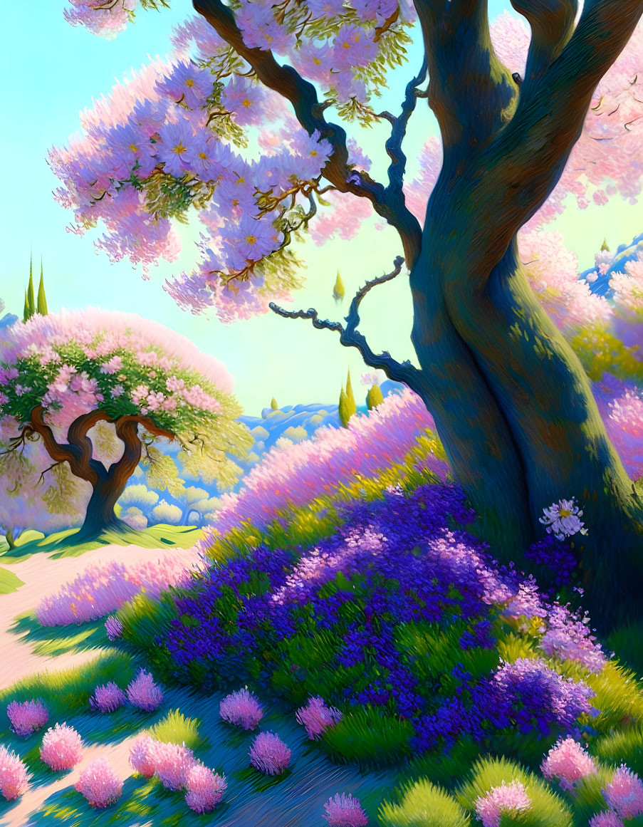 Whimsical digital art: vibrant landscape with pink trees & purple flowers
