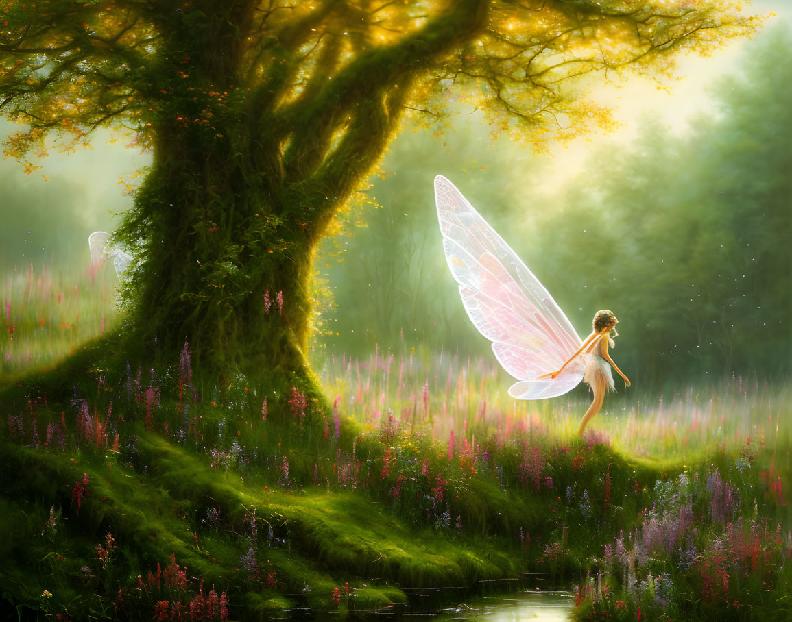 Fantasy landscape with glowing fairy, ancient tree, flowers, and tranquil stream