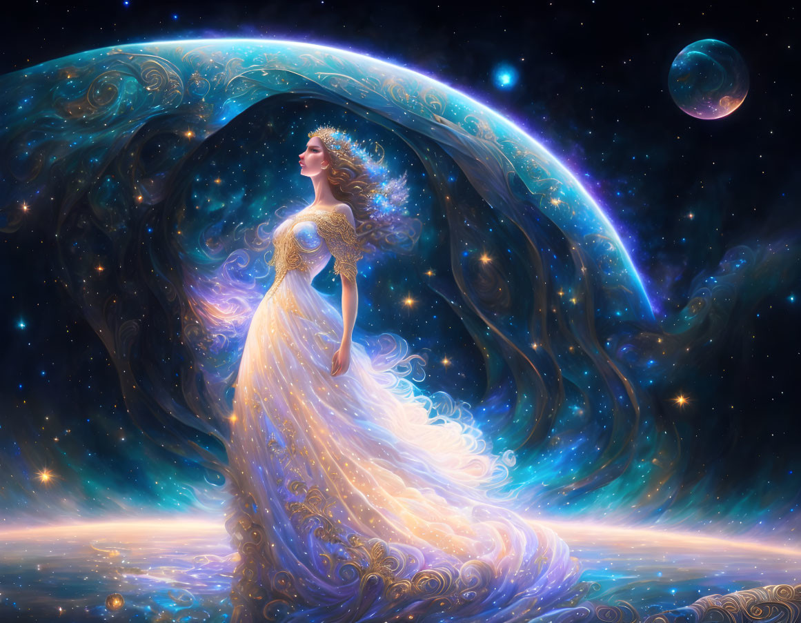 Woman in ornate gown under celestial archway with stars, nebulae, and planets.