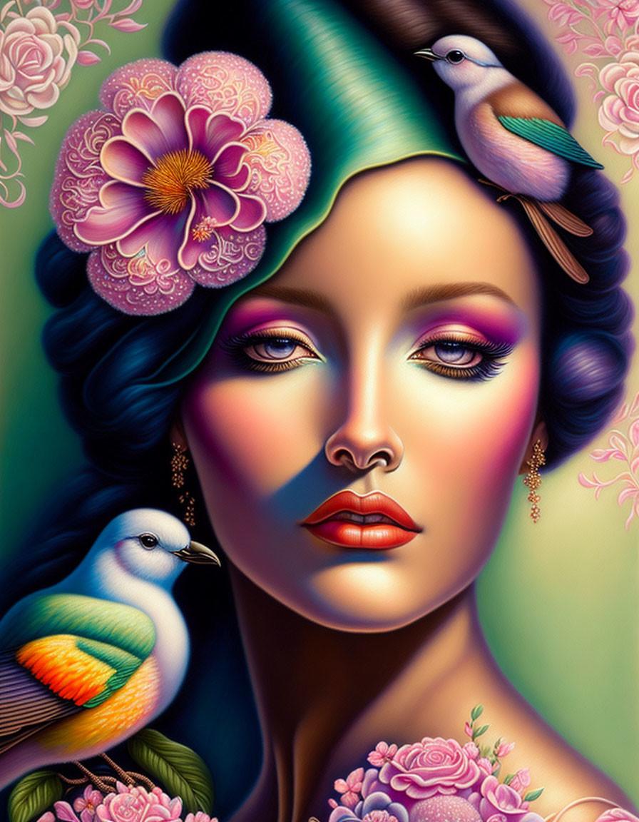 Colorful woman with blue hair, pink flower, and birds on floral backdrop
