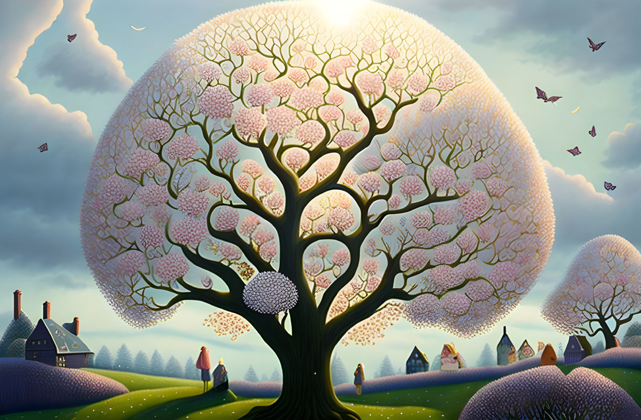Illustration of vast tree with pink blossoms, rolling hills, houses, birds, and sunset sky