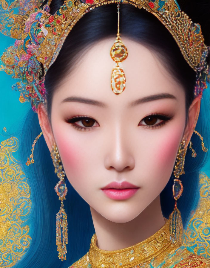 Traditional Asian royal attire woman with golden headdress and jewelry on blue backdrop
