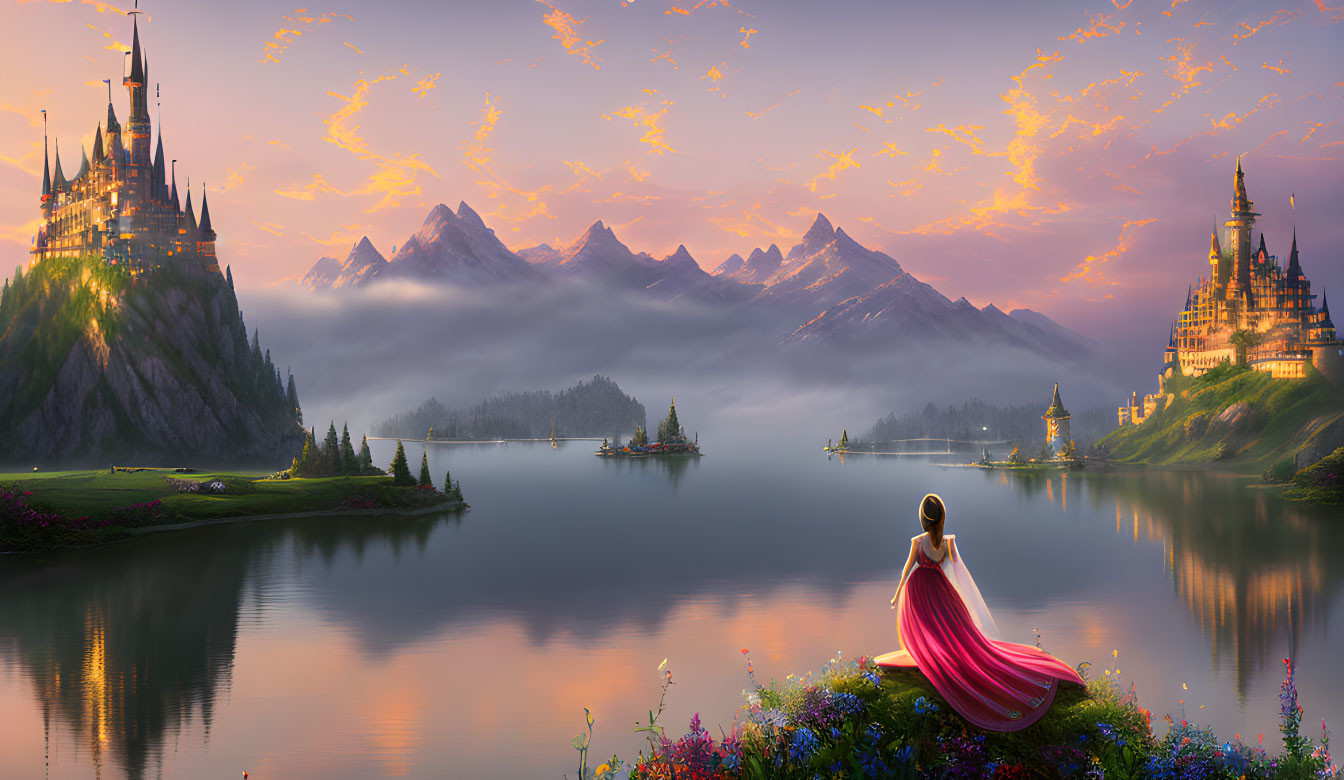 Woman in red cloak by serene lake with castles and mountains at sunrise