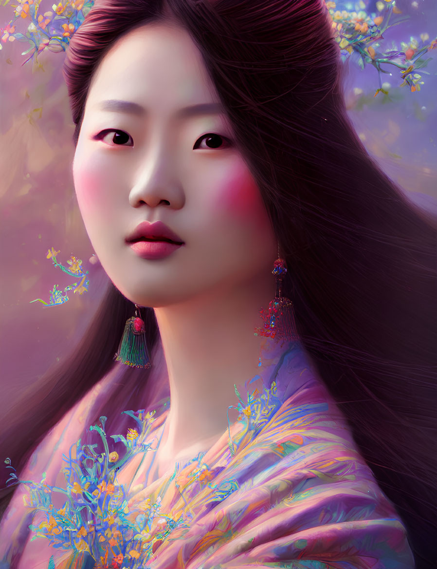 Asian woman with long black hair and ornate earrings in floral dream setting