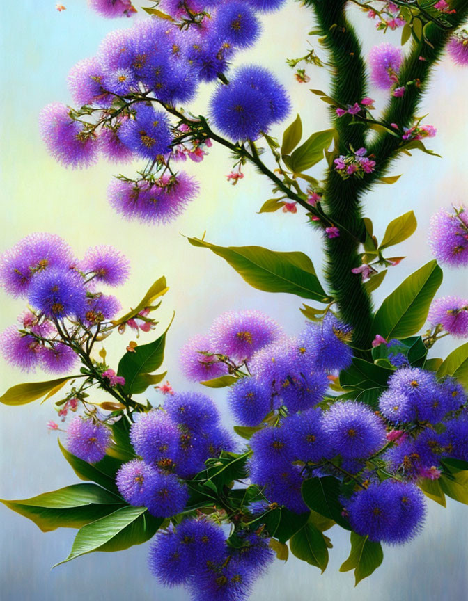 Colorful painting of pinkish-purple flowers on branches against gradient backdrop