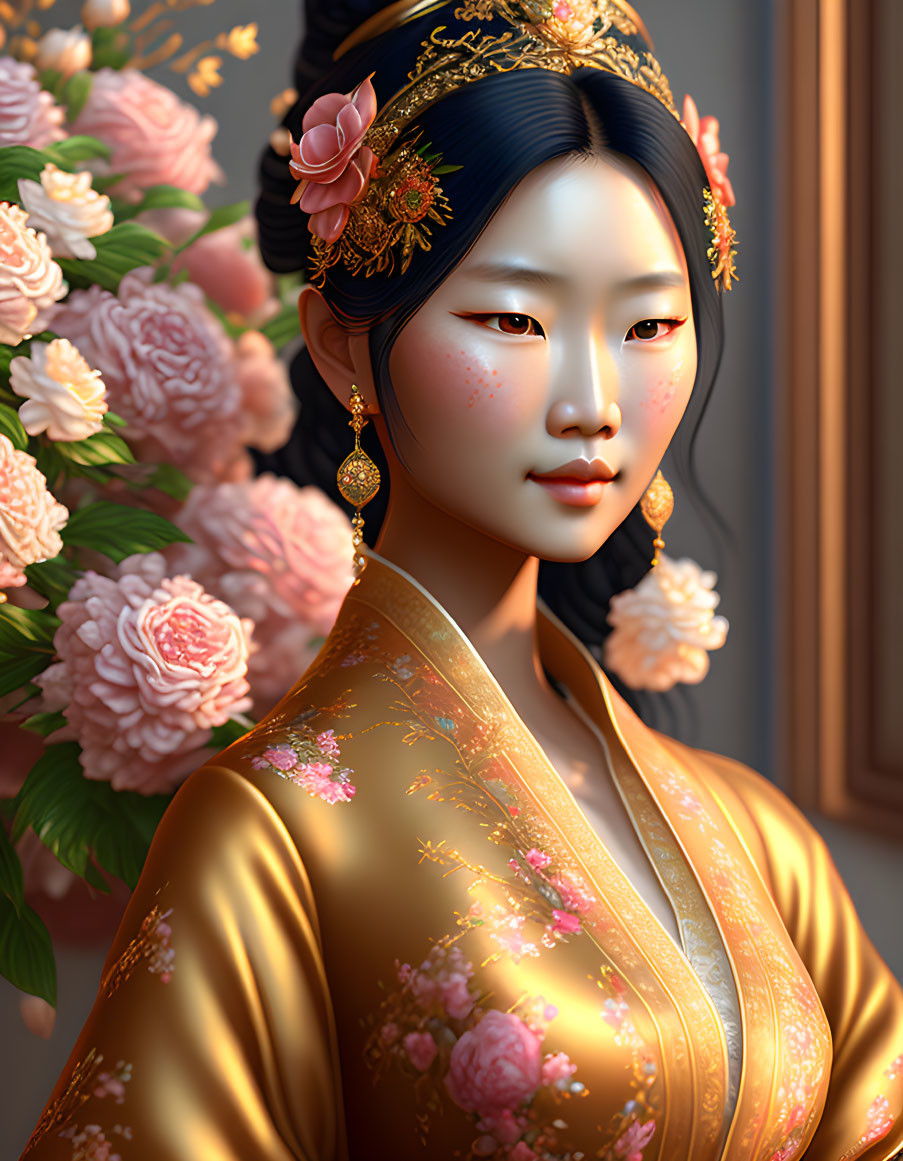 Traditional Asian Attire Woman Amid Pink Roses