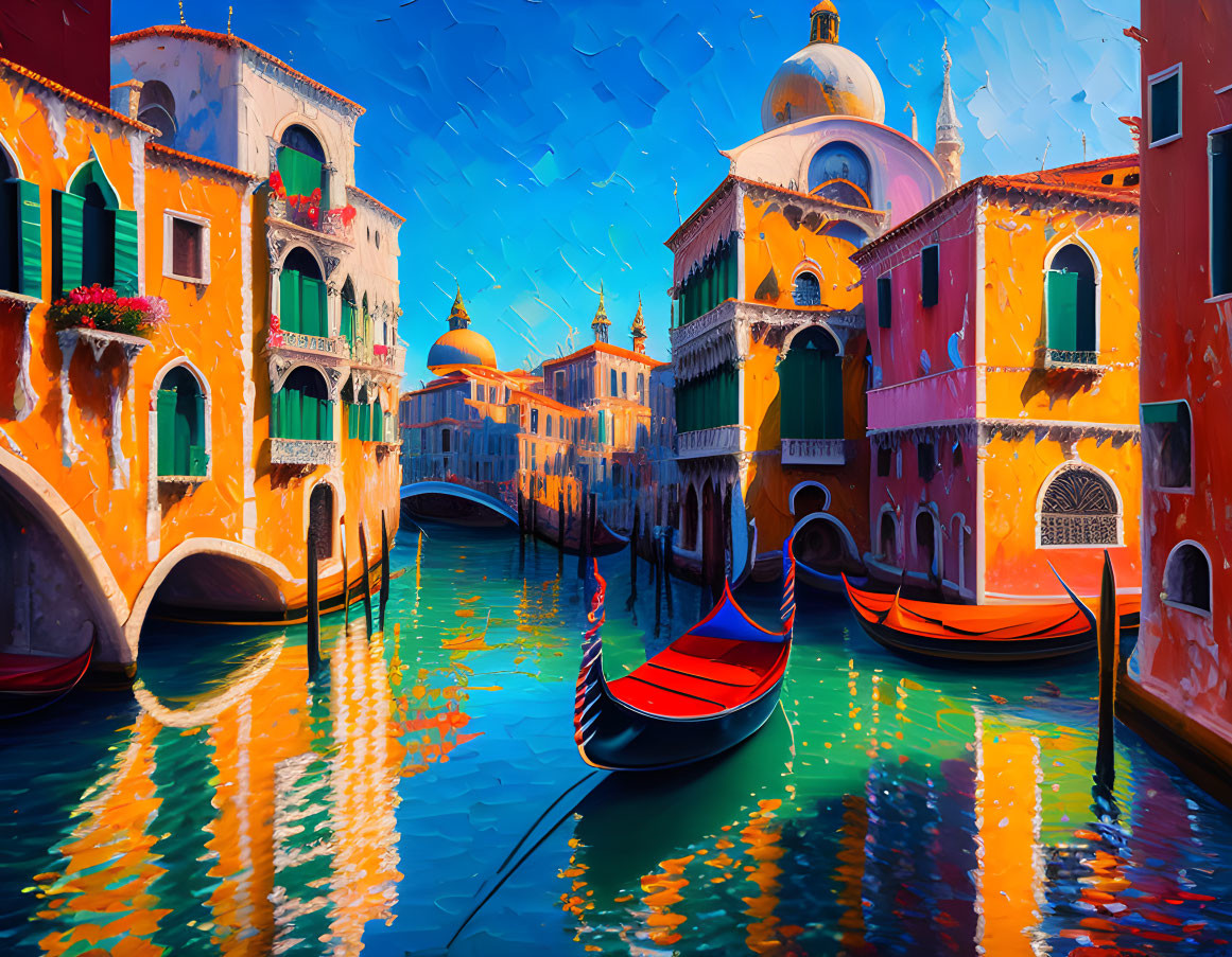Impressionist-style painting of Venice with gondolas and colorful buildings