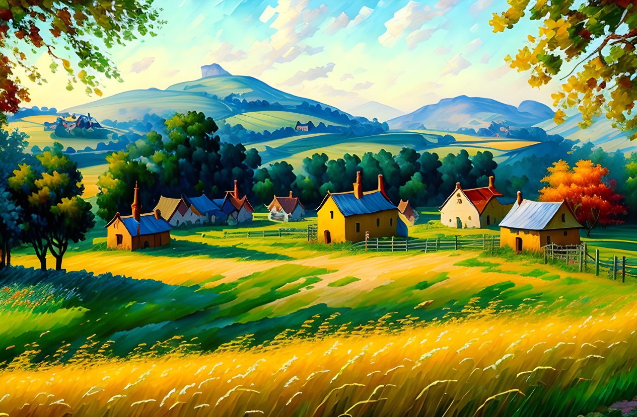 Idyllic countryside landscape with colorful fields, houses, trees, and hills