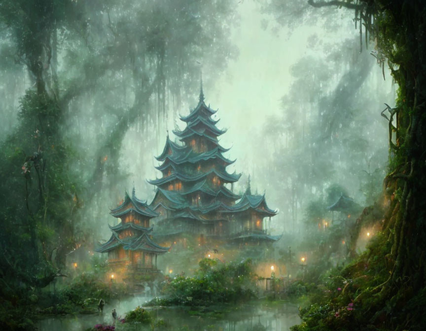 Traditional Pagoda in Misty Forest with Lanterns and Pond