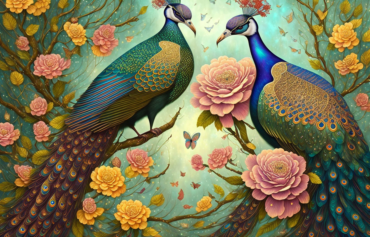 Vibrant peacocks, flowers, and butterfly in whimsical illustration