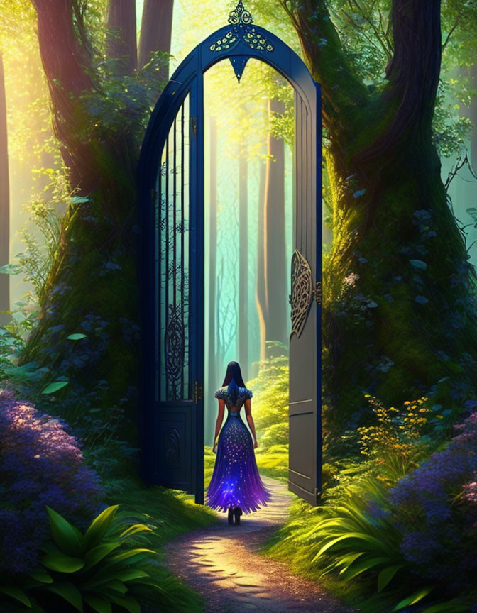 Woman standing at ornate gate to mystical forest with purple flowers