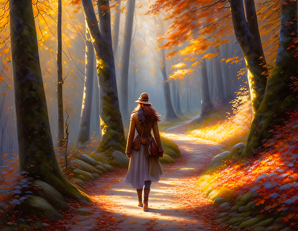 Person Walking on Path Through Enchanting Autumn Forest with Golden Leaves