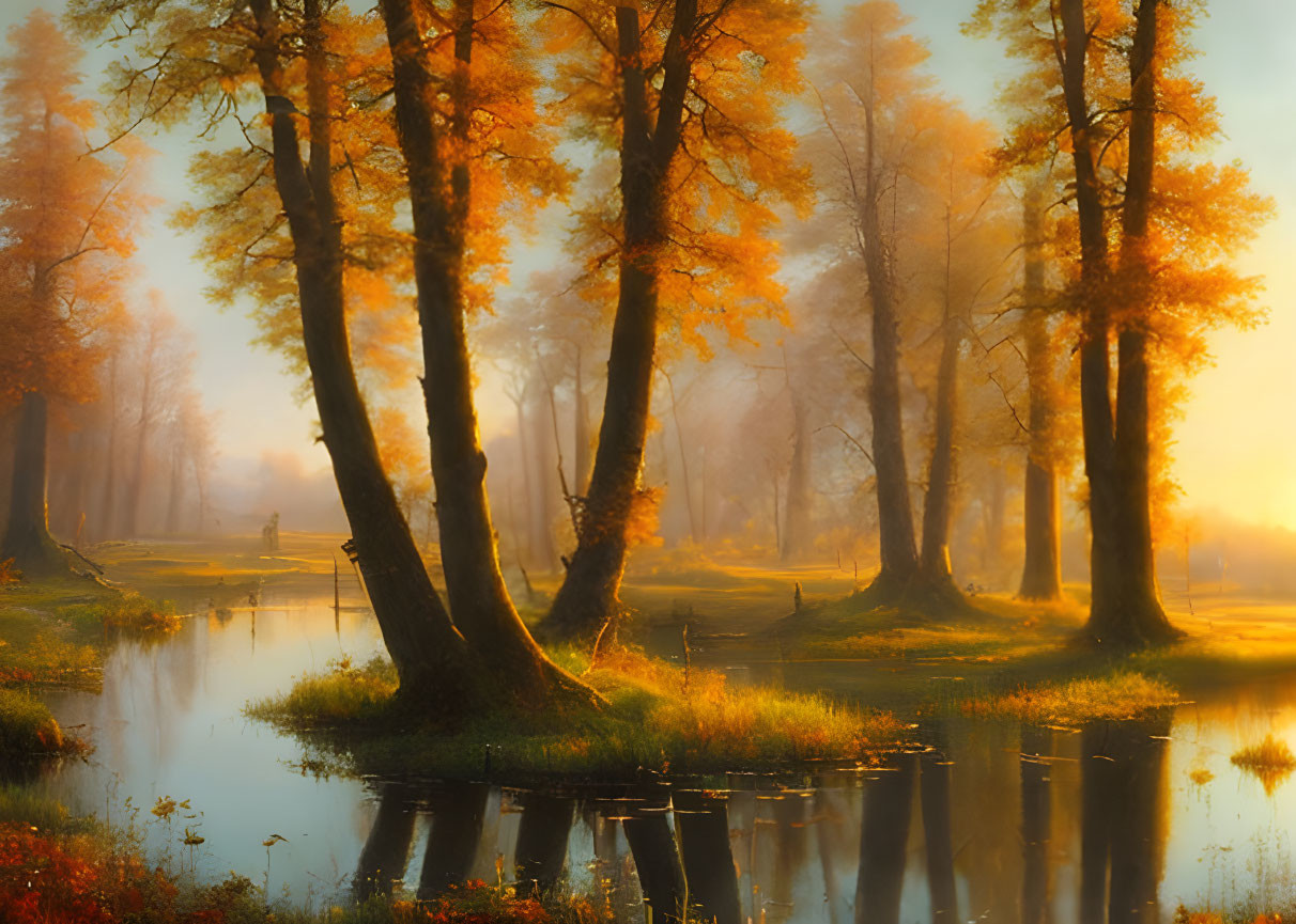 Tranquil pond reflects golden-hued autumnal trees in misty forest