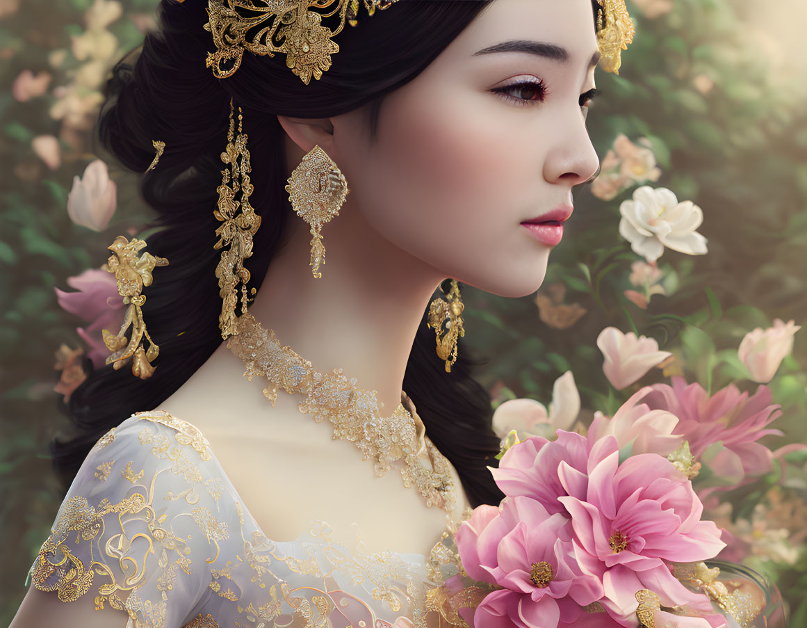 Woman in traditional attire with golden jewelry amidst blooming flowers