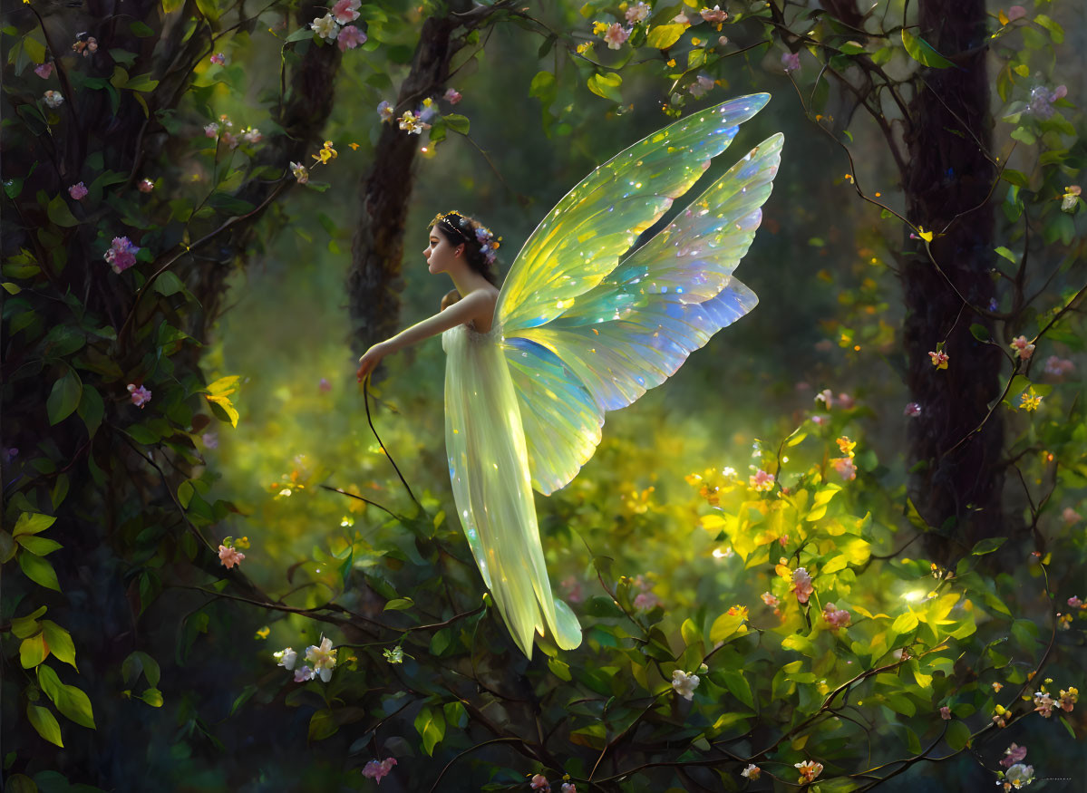 Ethereal fairy with translucent wings in blossoming forest landscape