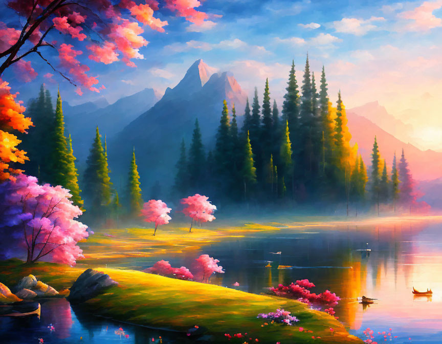 Tranquil landscape with pink trees, lake, boat, and mountains