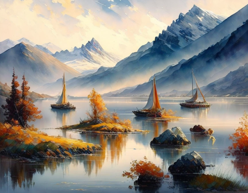 Serene Lake Scene with Sailboats, Autumn Trees, and Mountains